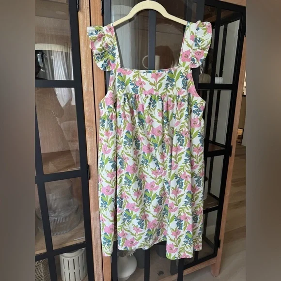 Linen floral block print babydoll mini dress ruffle pyjama square neck flutter - Picture 9 of 14